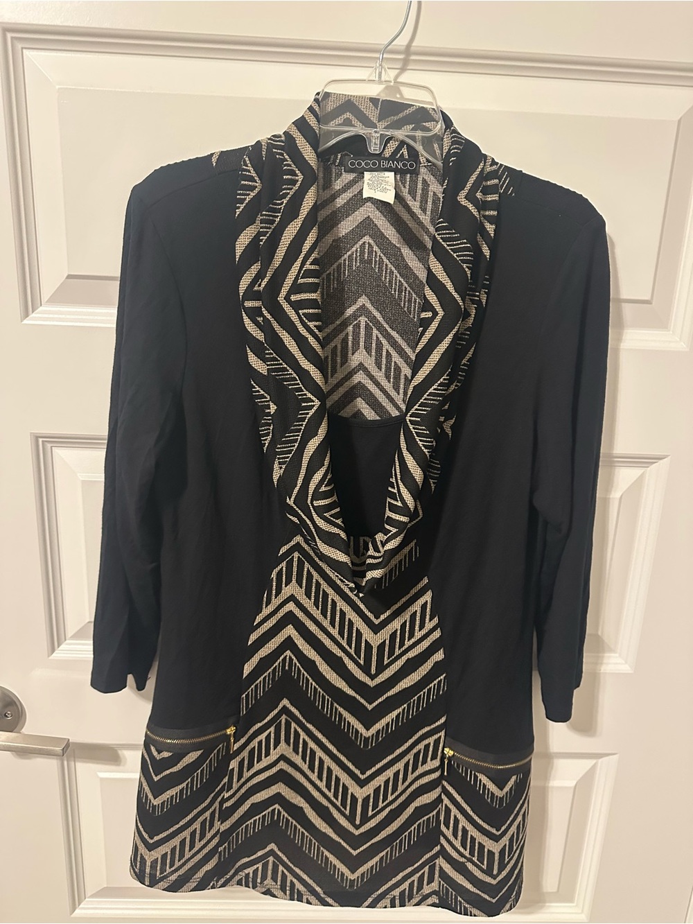 Coco Bianco Black and Beige Chevron Open-Front Tunic